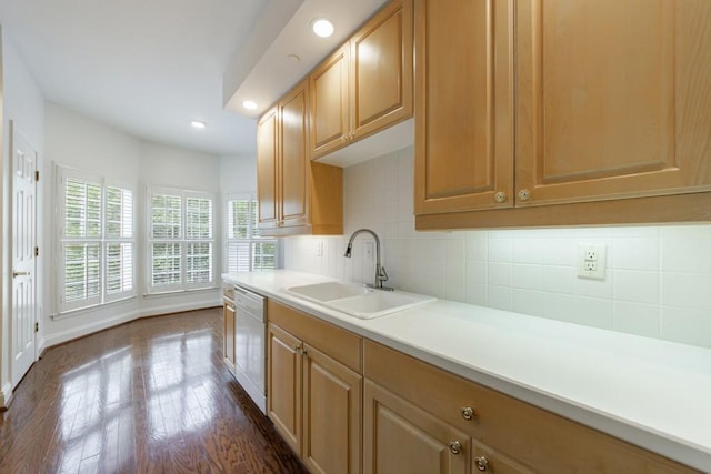 50 Biscayne Dr Unit 2106, Atlanta, GA 30309 - kitchen featuring a sink, white dishwasher, decorative backsplash, dark wood-type flooring, and recessed lighting