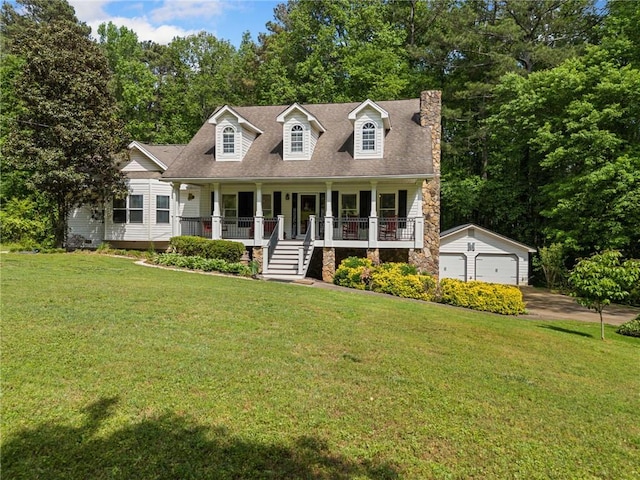 cape cod house with a front yard, an outbuilding, a chimney, and covered porch
