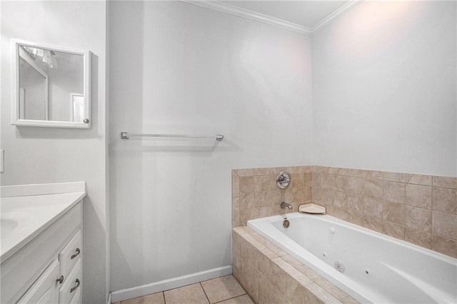 bathroom featuring tile patterned flooring, vanity, a relaxing tiled tub, and ornamental molding