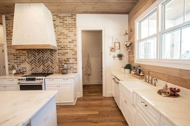 kitchen featuring wall chimney exhaust hood, light wood finished floors, decorative backsplash, dishwasher, and high end range