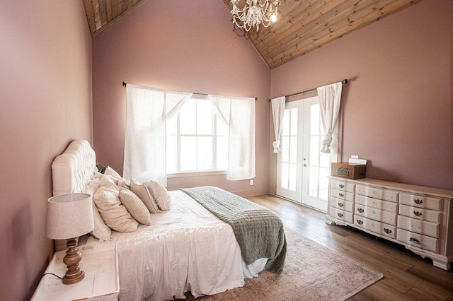 bedroom with wood finished floors, an inviting chandelier, access to exterior, wood ceiling, and french doors