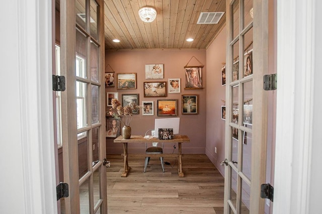 office featuring visible vents, wood finished floors, recessed lighting, french doors, and wood ceiling