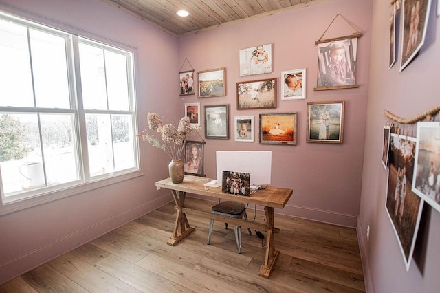 office featuring baseboards, wood-type flooring, and wood ceiling