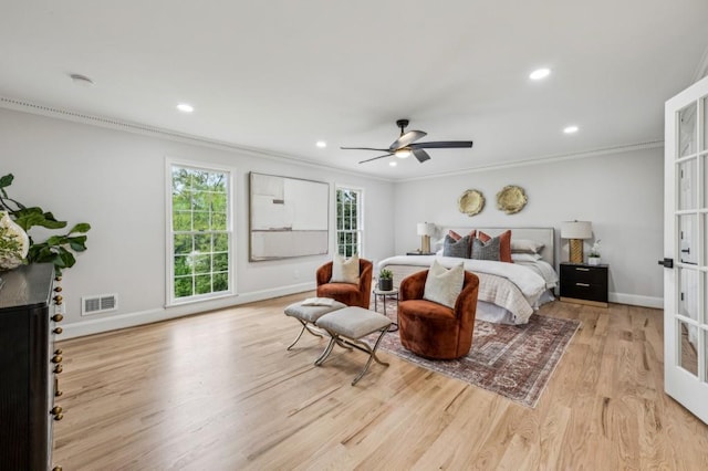 6124 Kings Mountain Ct, Stone Mountain, GA 30087 - bedroom featuring crown molding, light wood-type flooring, baseboards, visible vents, and recessed lighting
