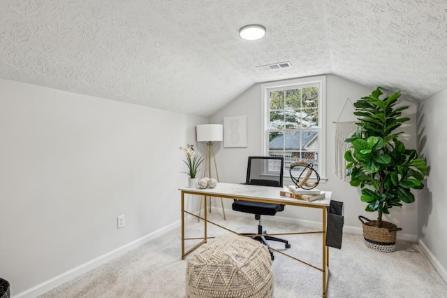 6124 Kings Mountain Ct, Stone Mountain, GA 30087 - office space with carpet flooring, a textured ceiling, lofted ceiling, baseboards, and visible vents