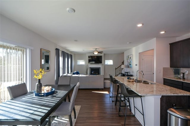 dining area featuring ceiling fan, sink, and dark hardwood / wood-style floors