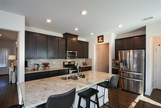 kitchen with stainless steel appliances, a center island with sink, and backsplash