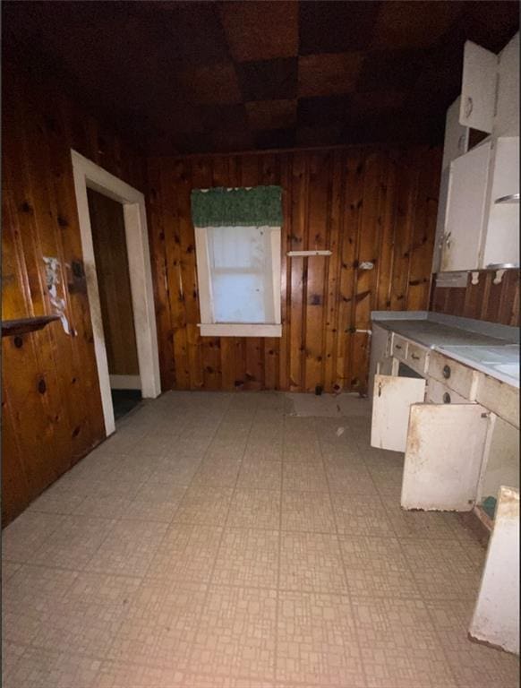 kitchen with wooden walls and tile patterned floors