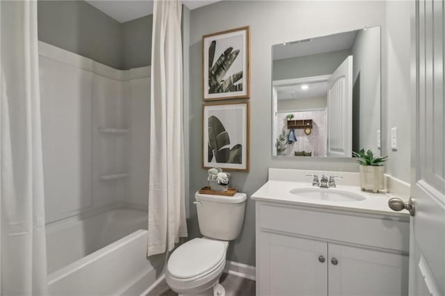 full bathroom with vanity, toilet, and shower / bathtub combination with curtain