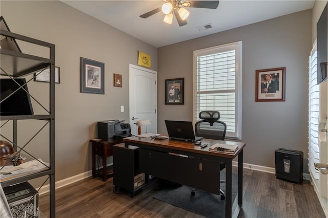 office featuring dark wood-type flooring, visible vents, and baseboards