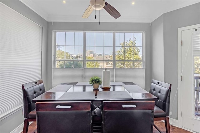 200 Renaissance Pkwy NE Unit 304, Atlanta, GA 30308 - dining room with baseboards, ceiling fan, wood finished floors, ornamental molding, and recessed lighting