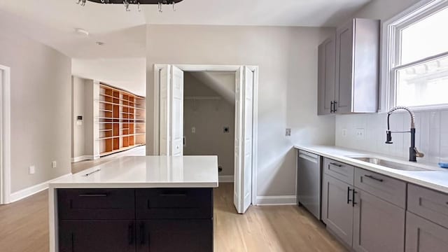 kitchen featuring backsplash, a sink, gray cabinets, light wood-style floors, and stainless steel dishwasher