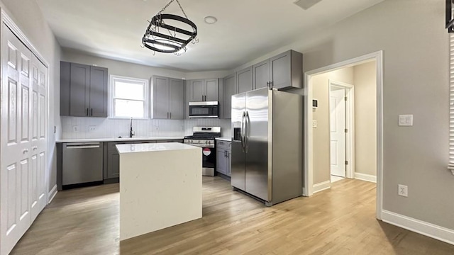 kitchen with decorative backsplash, a kitchen island, stainless steel appliances, light countertops, and light wood-type flooring