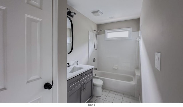 bathroom featuring bathing tub / shower combination, visible vents, toilet, vanity, and tile patterned flooring