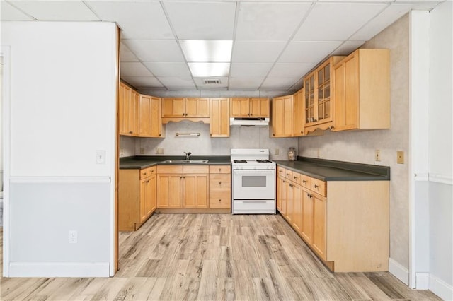 kitchen featuring light brown cabinetry, a sink, under cabinet range hood, dark countertops, and white gas range