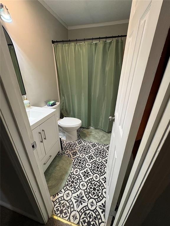 38 Daniel Cir, Franklin, GA 30217 - bathroom featuring vanity, toilet, and ornamental molding