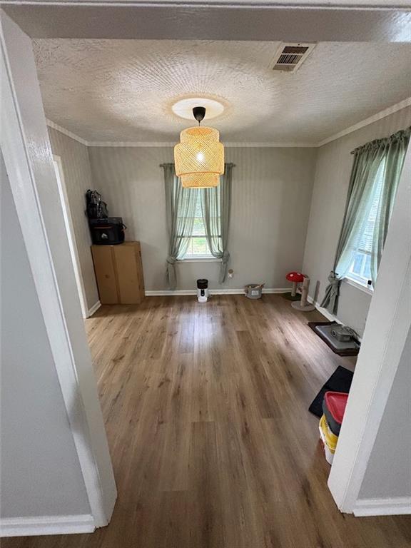38 Daniel Cir, Franklin, GA 30217 - unfurnished dining area featuring wood finished floors, a textured ceiling, ornamental molding, and baseboards