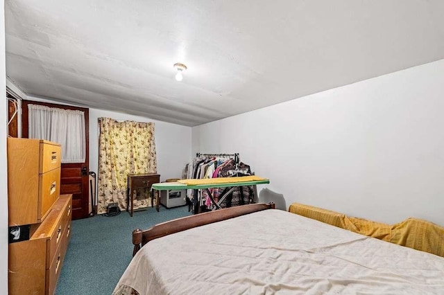 bedroom with dark colored carpet