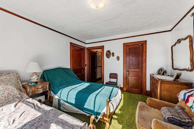 carpeted bedroom with crown molding and a textured ceiling