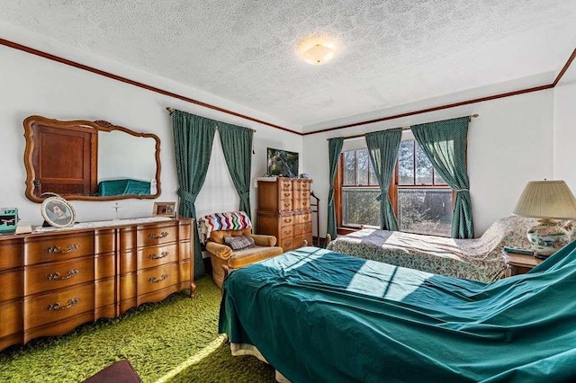 carpeted bedroom featuring a textured ceiling and crown molding