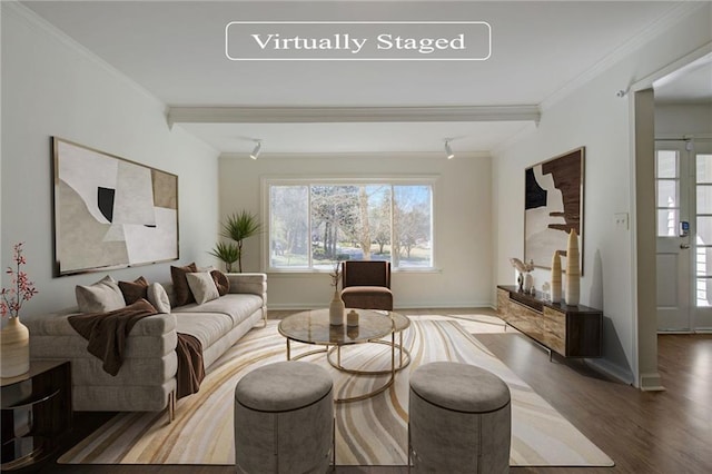 living area with wood finished floors, crown molding, and baseboards