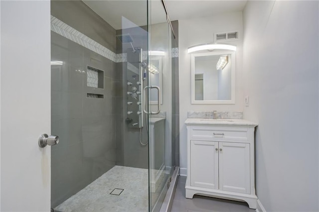 full bath with visible vents, a shower stall, and vanity