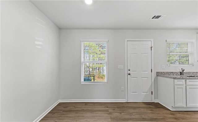 foyer with sink and hardwood / wood-style floors