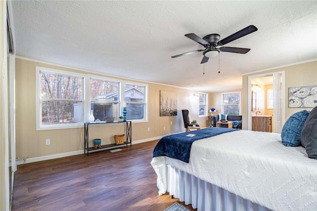 bedroom featuring connected bathroom, ceiling fan, dark hardwood / wood-style floors, and a textured ceiling