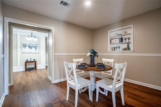 dining area featuring an inviting chandelier, dark hardwood / wood-style floors, and built in features