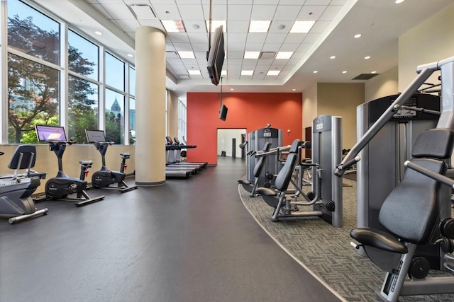 1080 Peachtree St NE Unit 608, Atlanta, GA 30309 - gym with a drop ceiling, a high ceiling, and recessed lighting