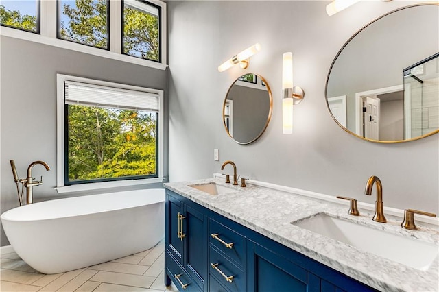 51 River Overlook Ct, Dawsonville, GA 30534 - bathroom featuring a soaking tub, tile patterned flooring, and double vanity