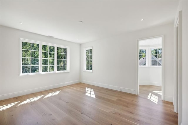 empty room with a wealth of natural light and light hardwood / wood-style flooring