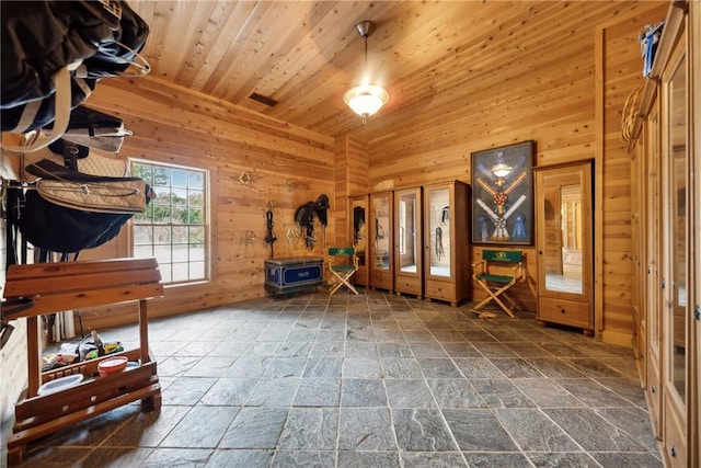 misc room featuring vaulted ceiling, wooden walls, and wood ceiling