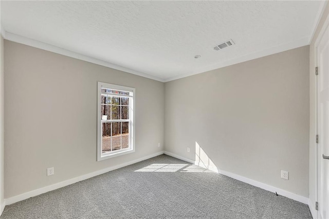 empty room featuring a textured ceiling, light colored carpet, and crown molding