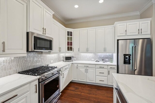 kitchen with white cabinetry, ornamental molding, dark hardwood / wood-style floors, light stone counters, and premium appliances