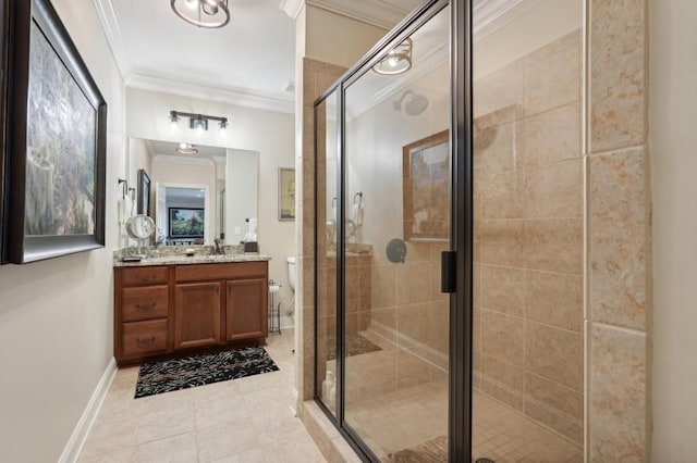 bathroom with vanity, ornamental molding, toilet, and a shower with door