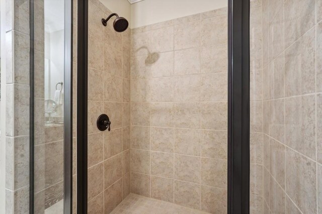 bathroom featuring a shower with shower door