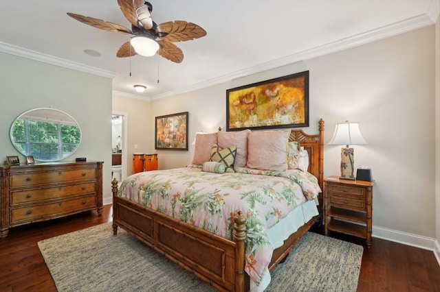 bedroom featuring crown molding, dark hardwood / wood-style floors, and ceiling fan