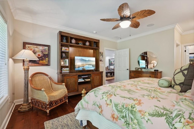 bedroom featuring ceiling fan, crown molding, multiple windows, and dark hardwood / wood-style flooring