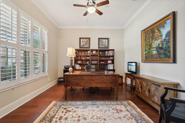 office with plenty of natural light, ceiling fan, ornamental molding, and dark hardwood / wood-style flooring