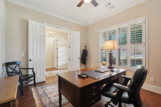 office space featuring crown molding, dark hardwood / wood-style floors, and a wealth of natural light