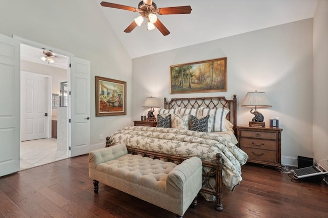 bedroom featuring wood-type flooring, high vaulted ceiling, and ceiling fan