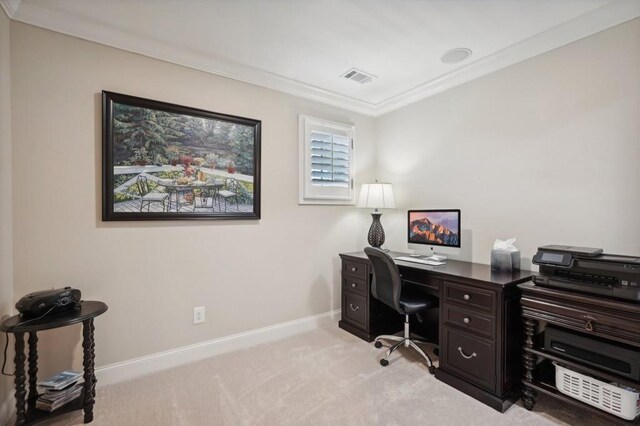 carpeted office featuring crown molding