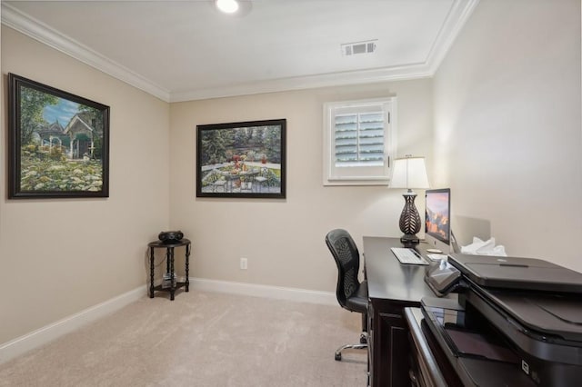 carpeted home office with crown molding and a healthy amount of sunlight