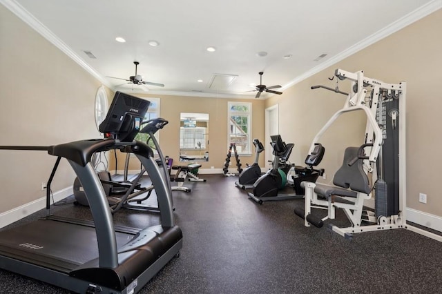 exercise room featuring crown molding