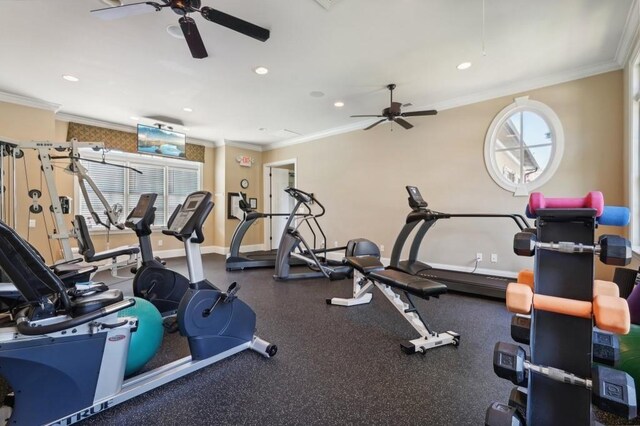 workout area with crown molding and ceiling fan