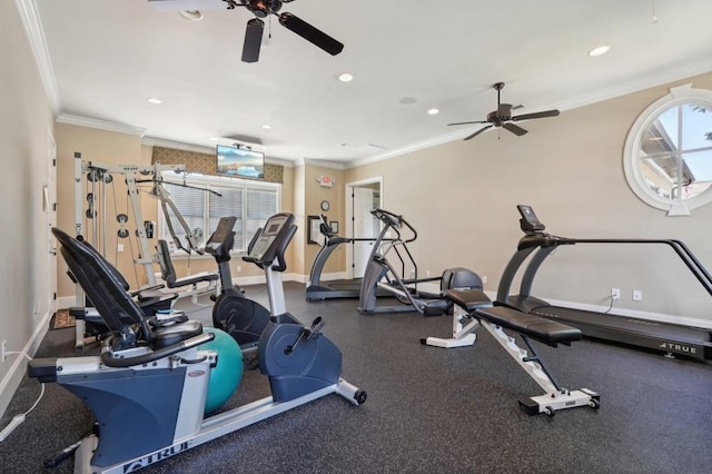 workout area with ceiling fan and ornamental molding