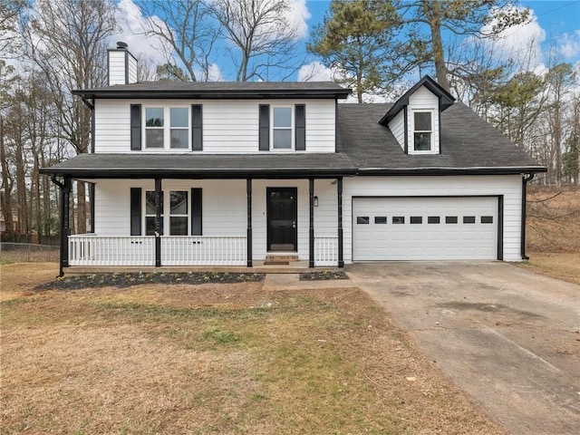 view of front of home with a garage, a porch, and a front lawn