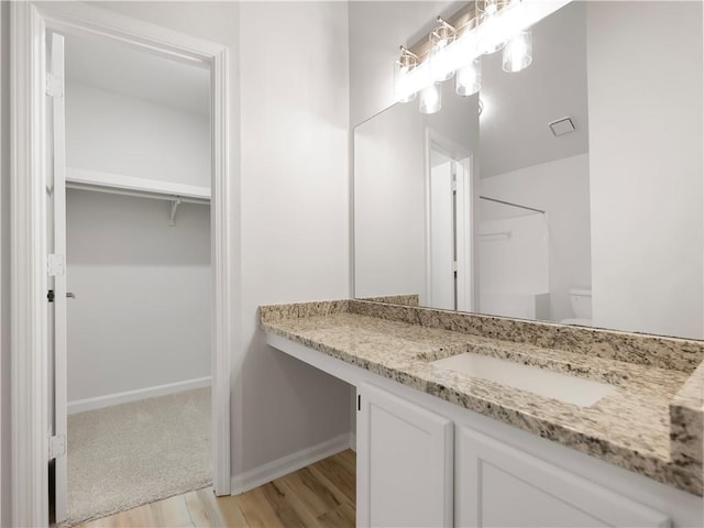 bathroom with vanity, hardwood / wood-style flooring, and walk in shower