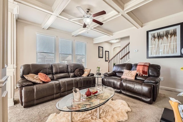 carpeted living room featuring stairs, beam ceiling, baseboards, and coffered ceiling